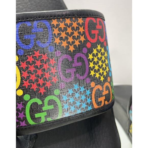 AUTH GUCCI GG Monogram Psychedelic Slides Sandals Black Multicolor Sz 10 EUC - Picture 5 of 5
